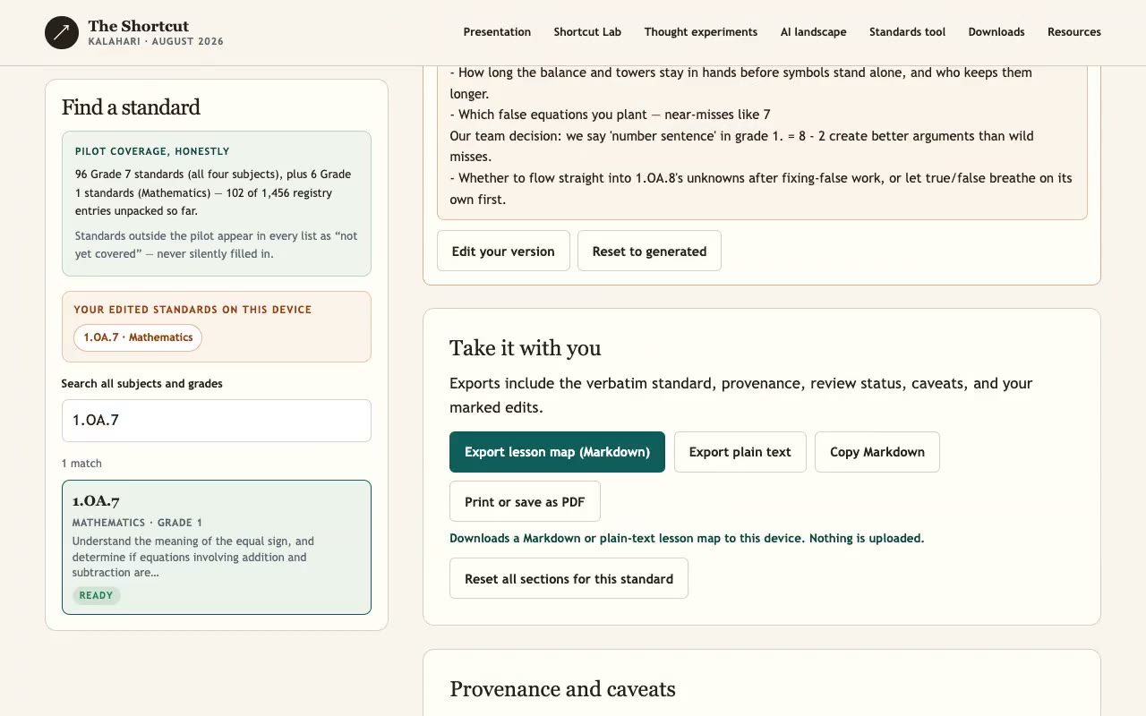 A teacher edits an AI-generated assessment idea in the standards demonstration.