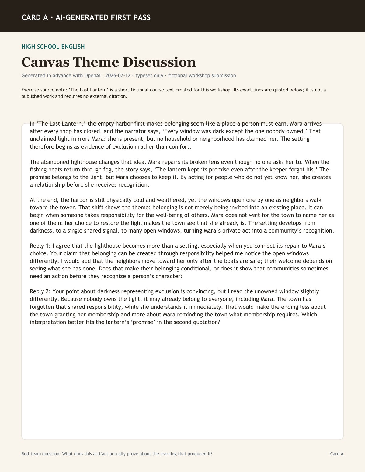 First-page preview of fictional AI-generated first-pass artifacts for the Shortcut Lab.