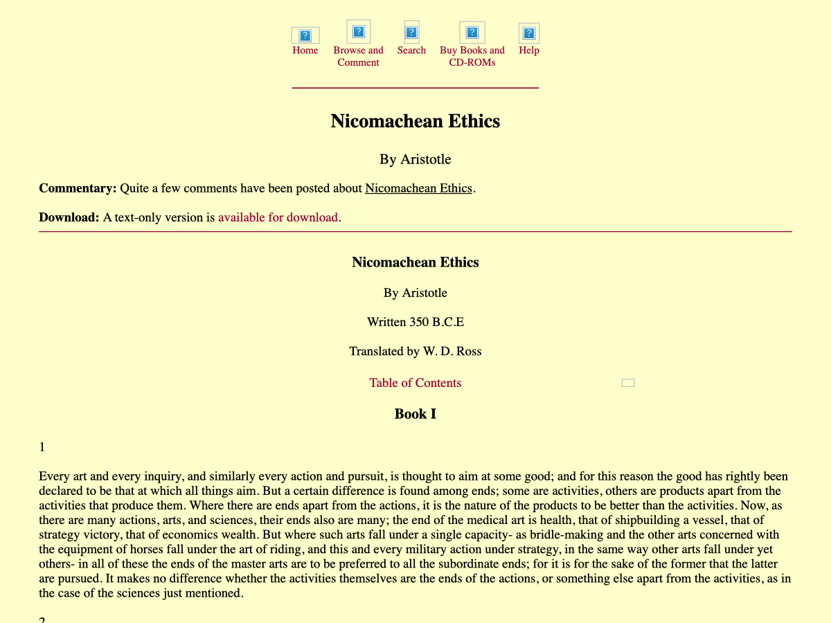 Title-page view of the linked MIT Classics Archive edition of Aristotle’s Nicomachean Ethics, Book I.