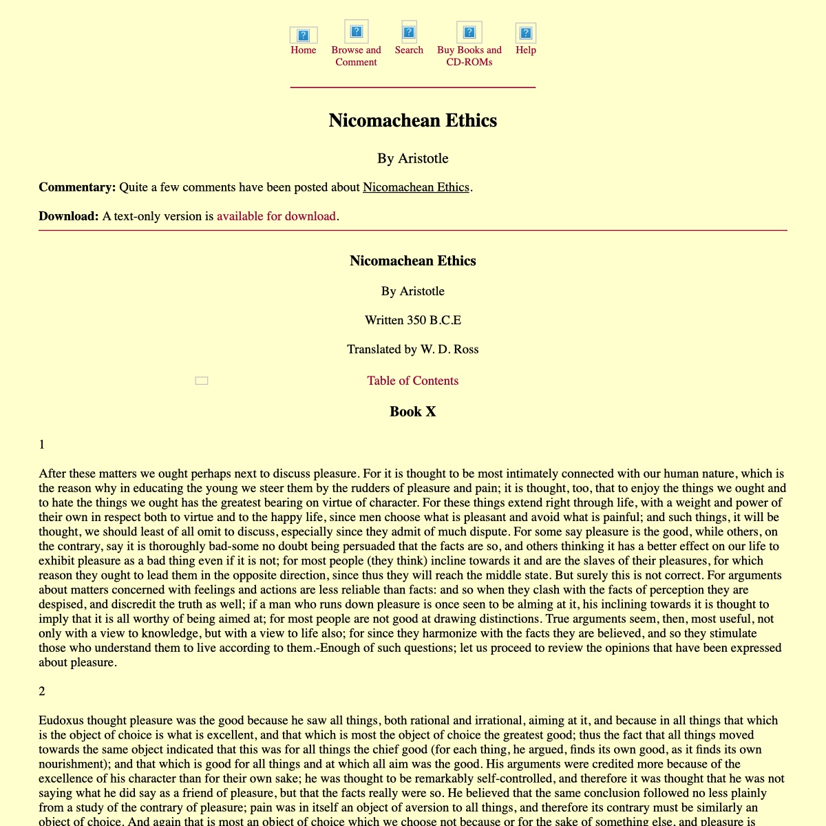 Linked MIT Classics Archive page for Aristotle’s Nicomachean Ethics, Book X.