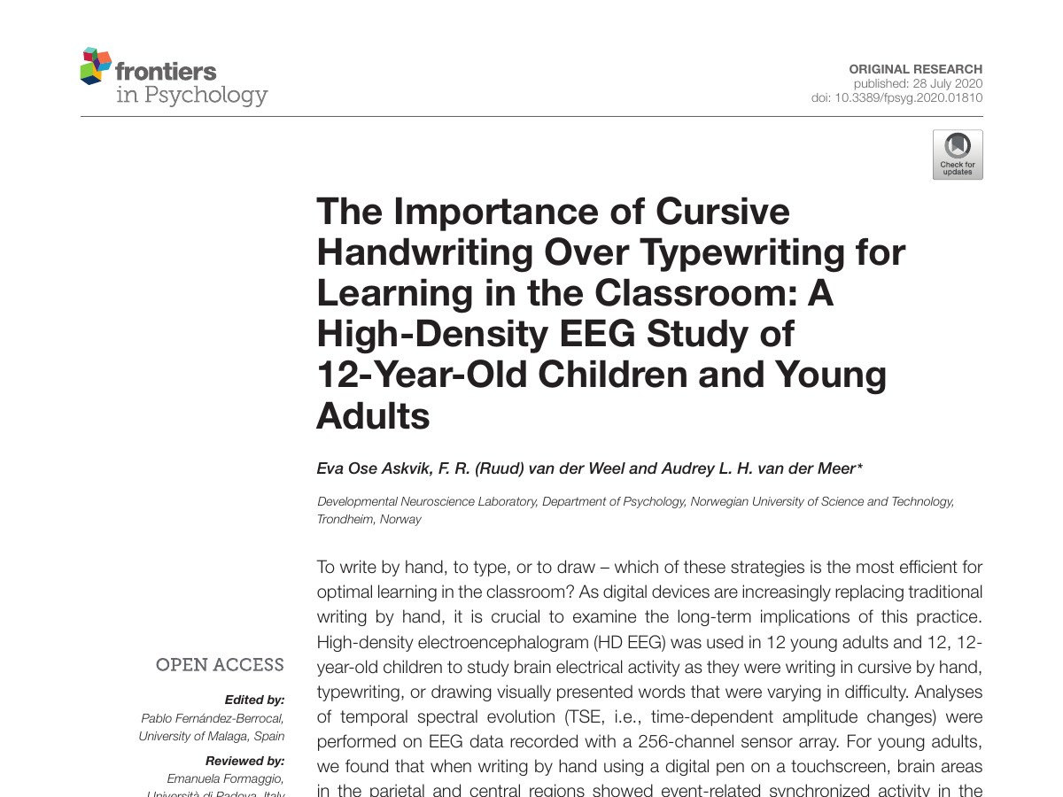 Official Frontiers article image for the 2020 handwriting and typewriting EEG study.