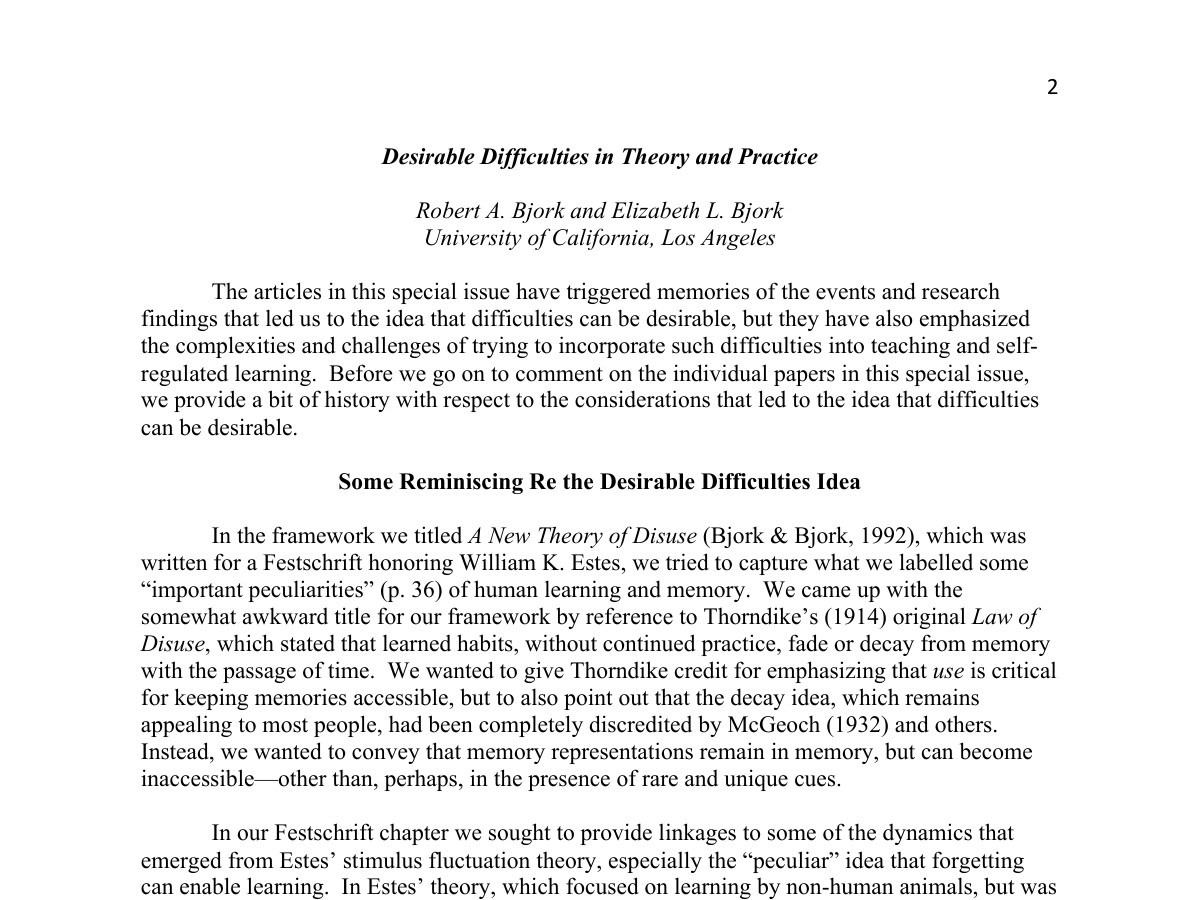 First page of Bjork and Bjork’s author-posted paper on desirable difficulties.