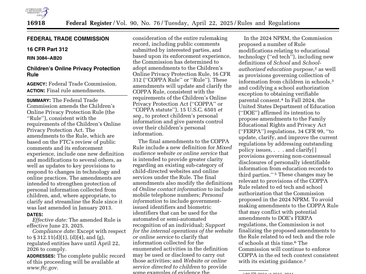 Official Federal Register page for the 2025 Children’s Online Privacy Protection Rule.