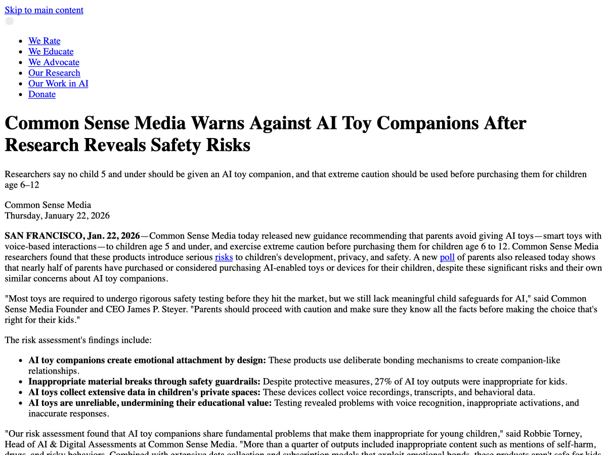 Official Common Sense Media publication image for its AI toy companion research.
