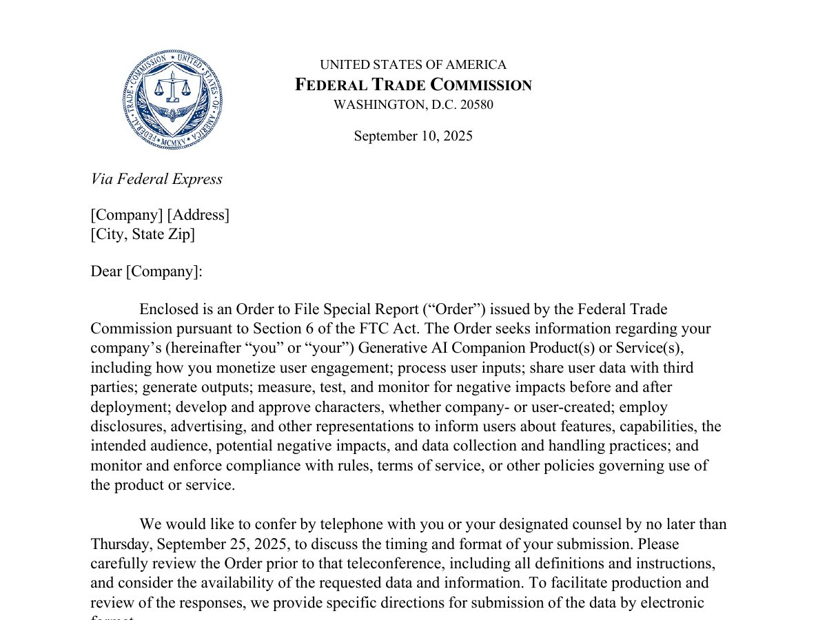Official Federal Trade Commission announcement page for the AI companion chatbot inquiry.
