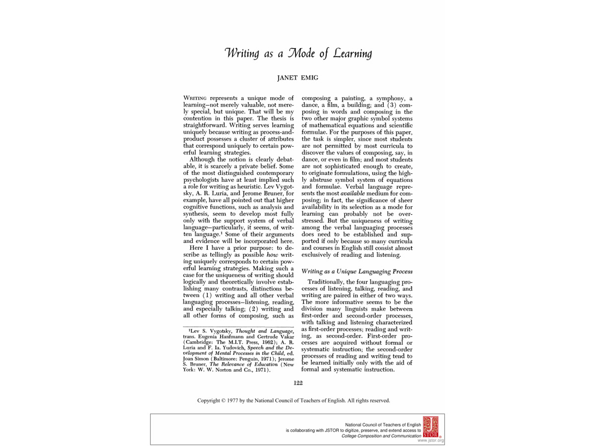 Official publication image for Janet Emig’s Writing as a Mode of Learning.
