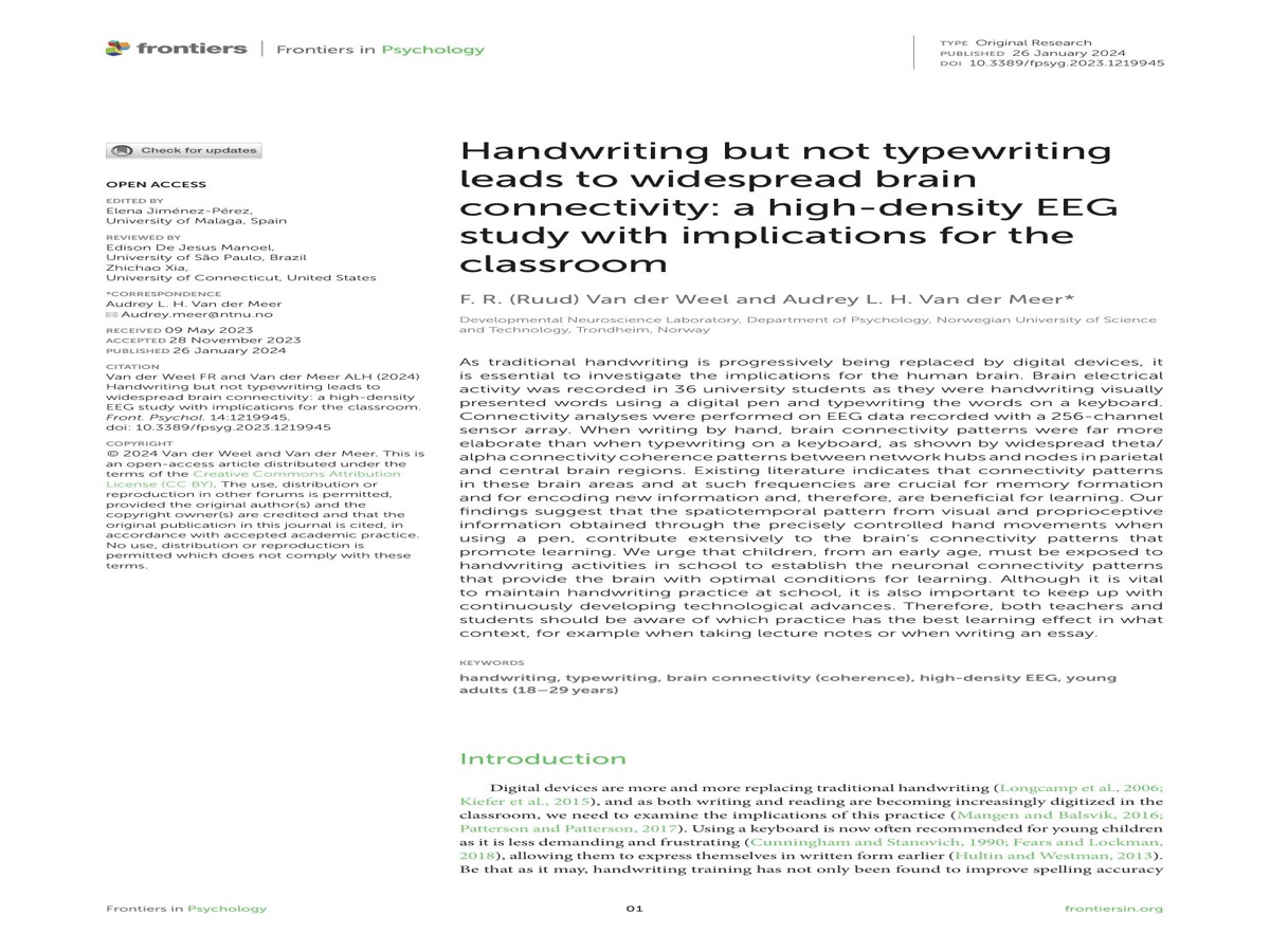 Official Frontiers article page for the handwriting and brain-connectivity study.