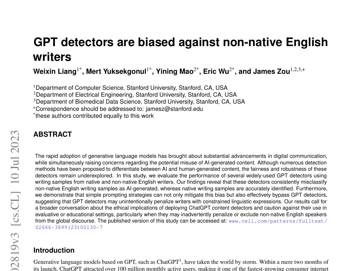 First page of the author-posted preprint on detector bias against non-native English writers.