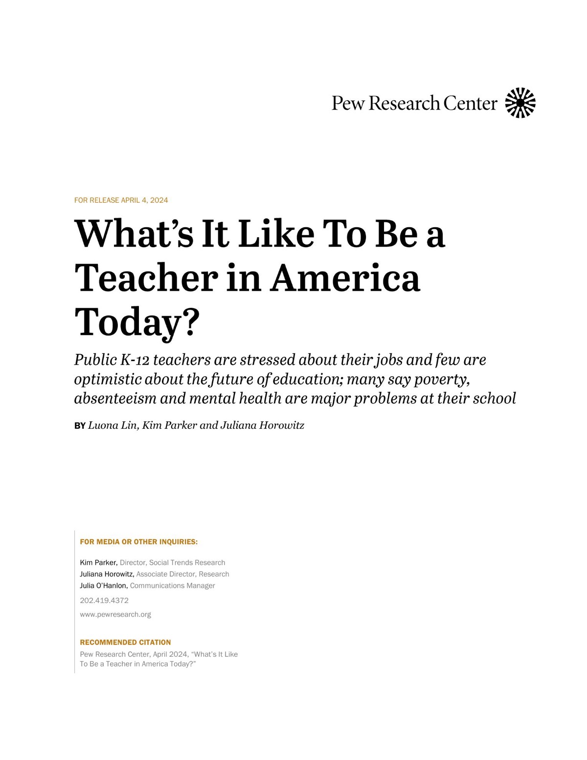 Official cover of Pew Research Center’s report on U.S. teachers.