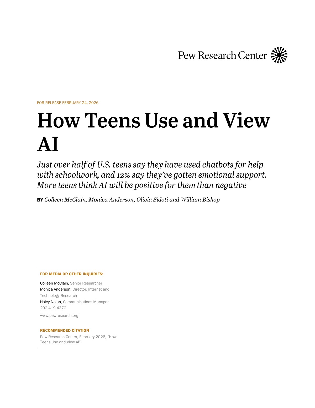 Official Pew Research Center report cover for How Teens Use and View AI.