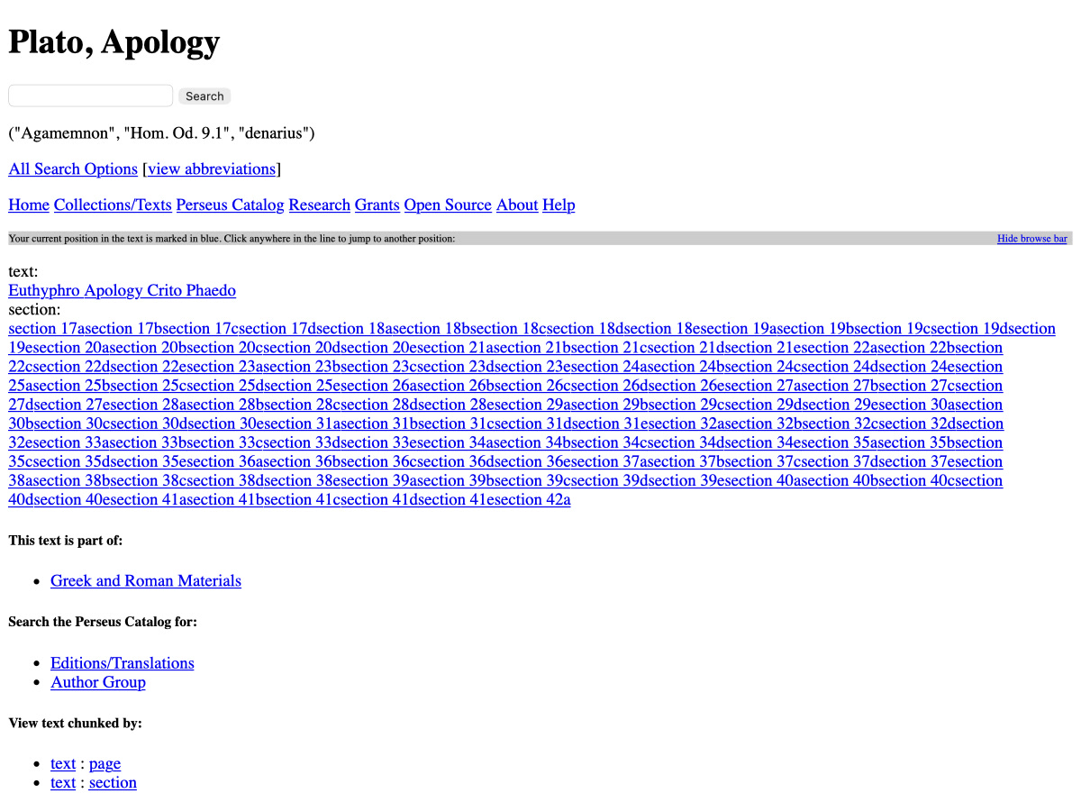 Title-page view of the linked Perseus edition of Plato’s Apology.