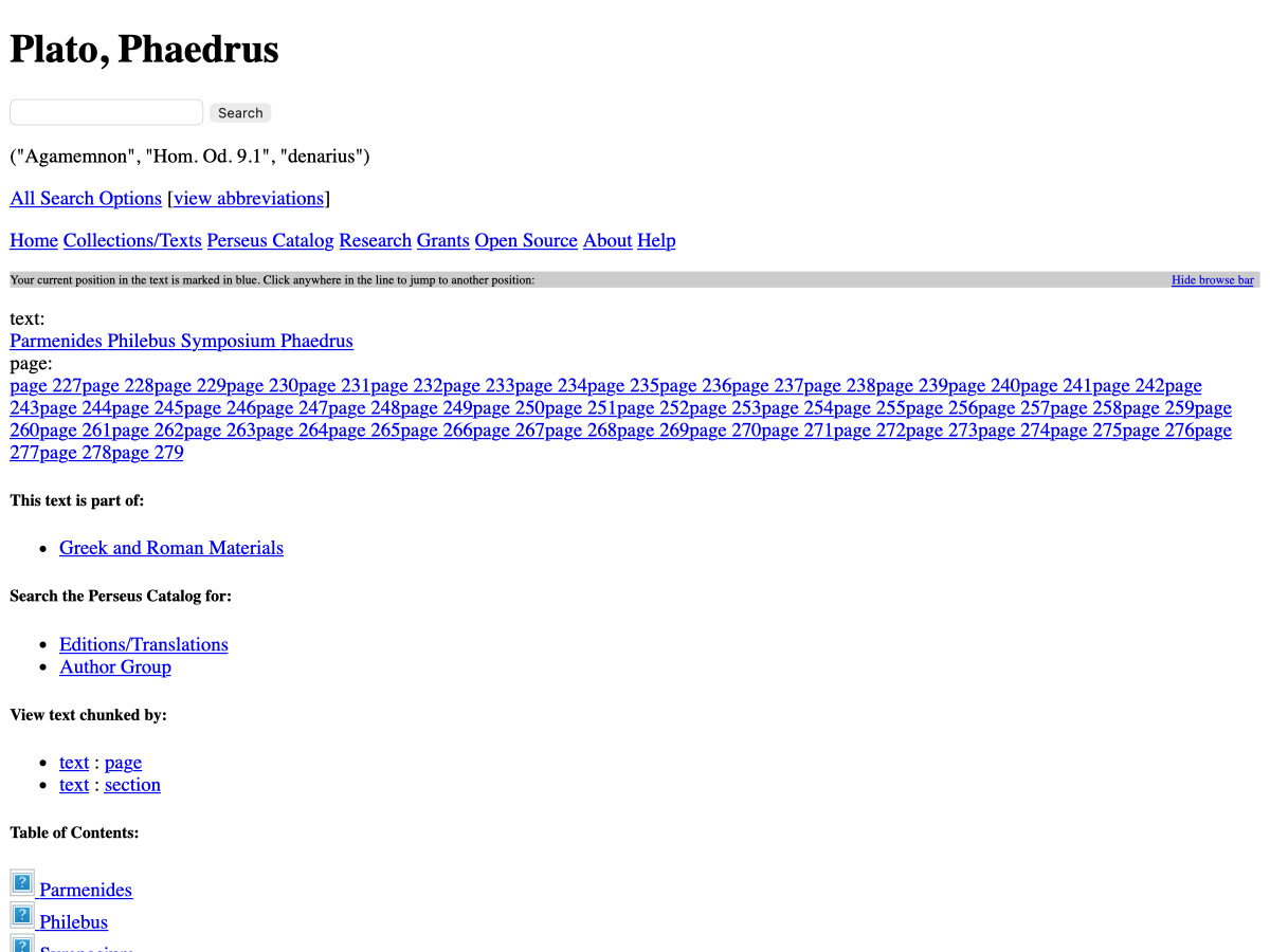 Title-page view of the linked Perseus edition of Plato’s Phaedrus.