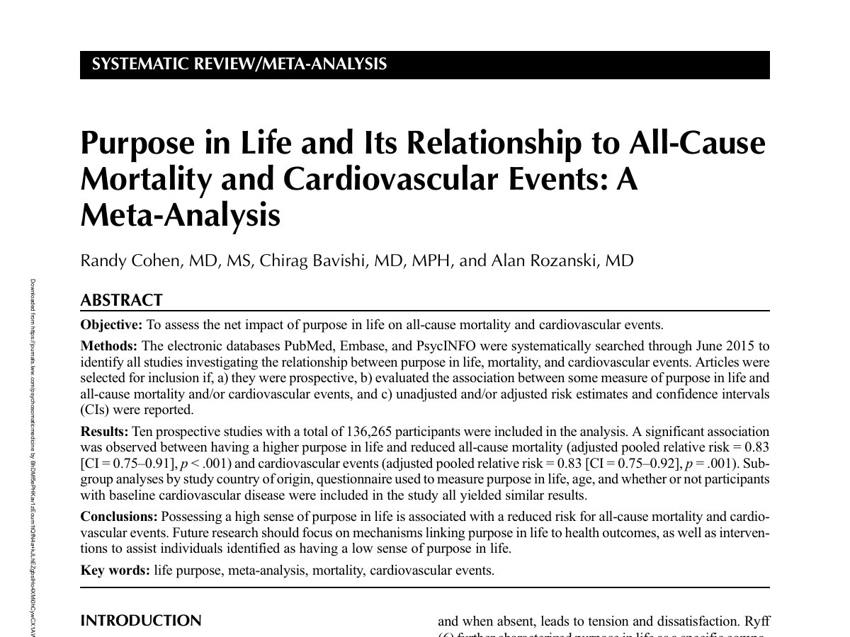 First page of the author-hosted article on purpose in life and health outcomes.