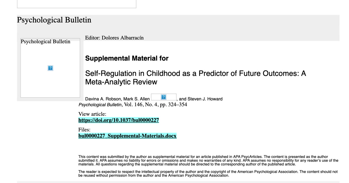 Title-bearing APA article page for the childhood self-regulation meta-analysis.