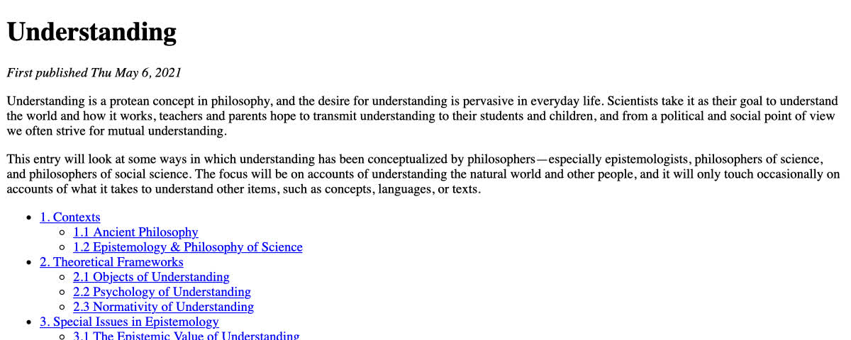 Linked Summer 2026 Stanford Encyclopedia of Philosophy page for Understanding.