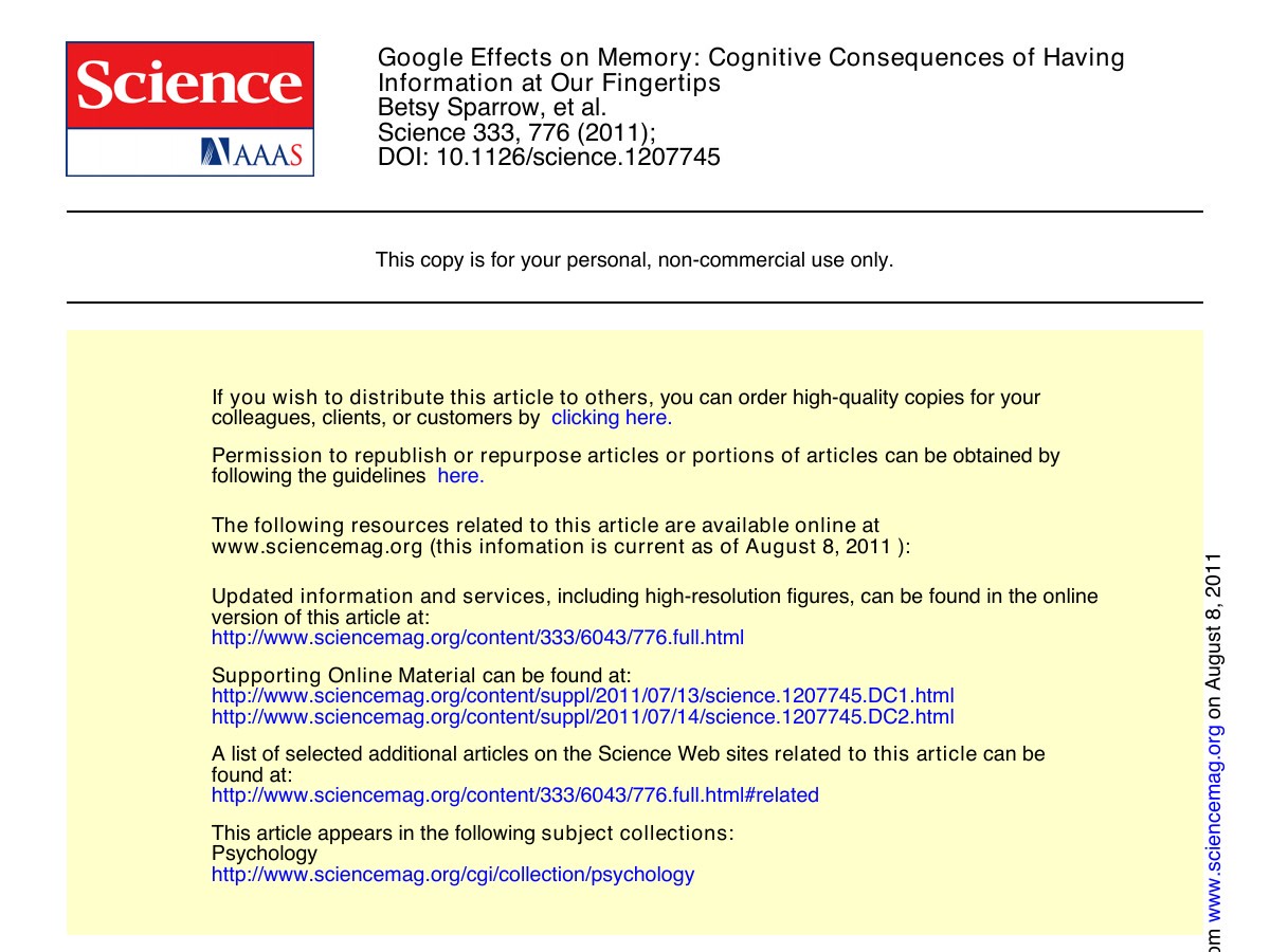 First page of the author-hosted final article on Google effects on memory.