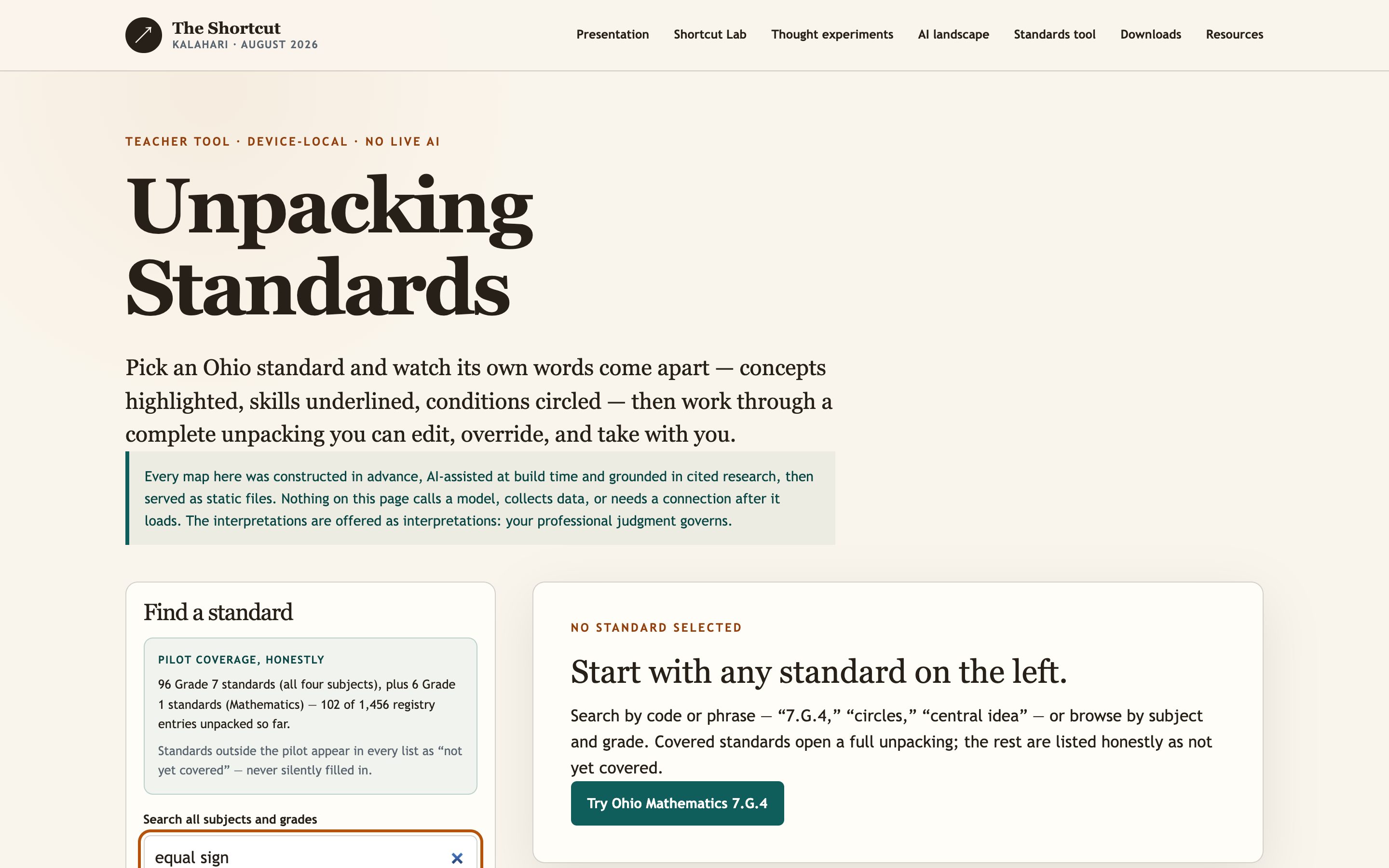 The Unpacking Standards tool with 'equal sign' typed in the search box and Ohio 1.OA.7 listed as a ready, covered standard.